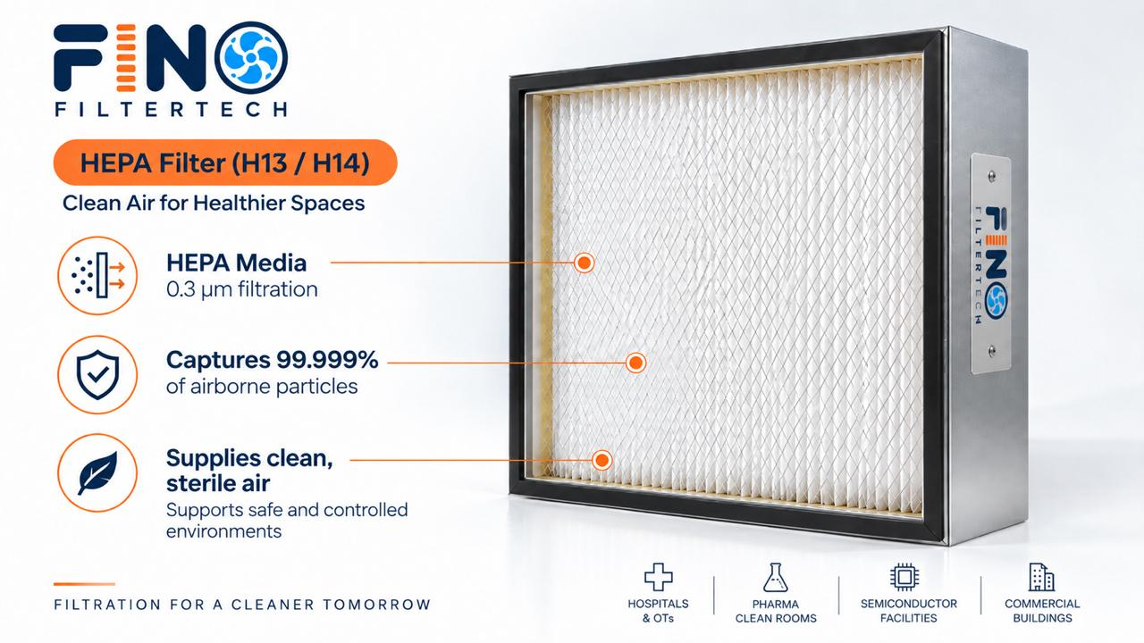 FINO FILTERTECH HEPA Filter (H13 / H14) — 0.3 µm HEPA media capturing 99.999% of airborne particles for hospitals, pharma cleanrooms, semiconductor and commercial buildings
